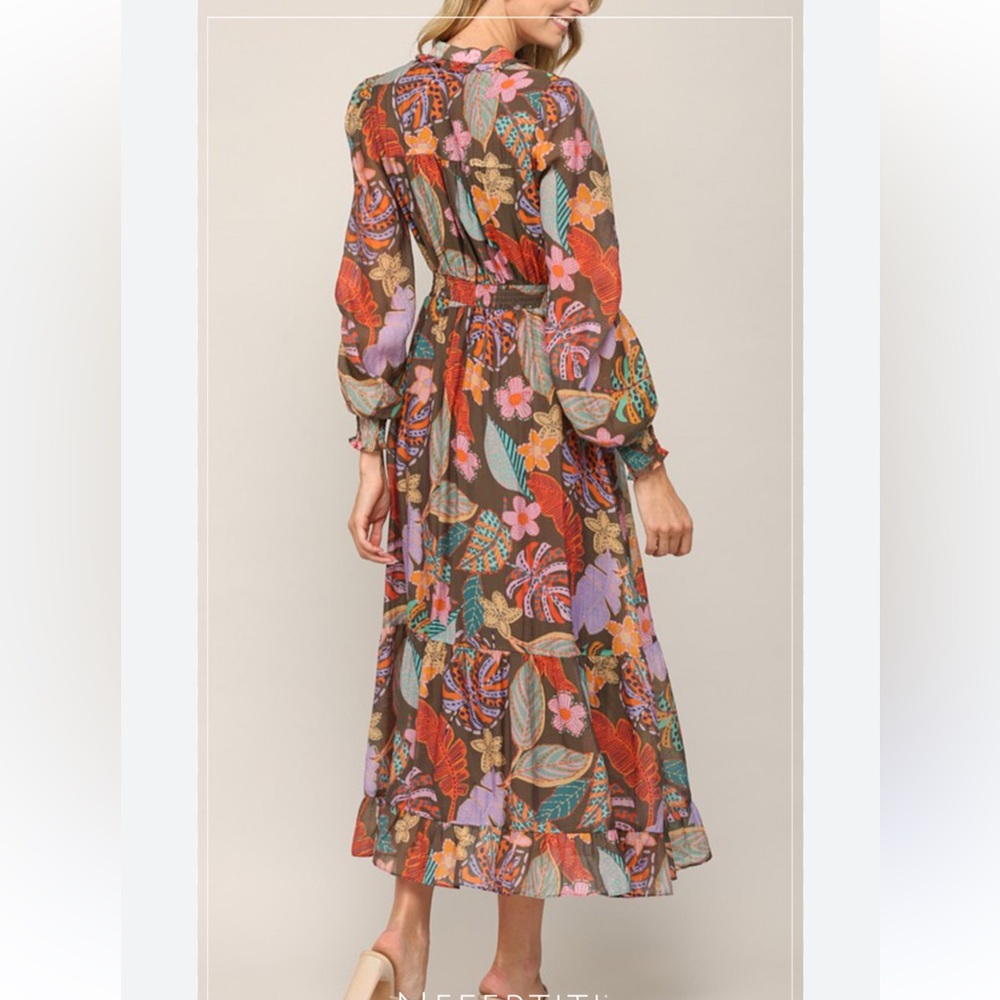 New FATE Spring Floral Tropical Vibrant Flowy Maxi Dress Puff Long Sleeve small - Picture 2 of 15